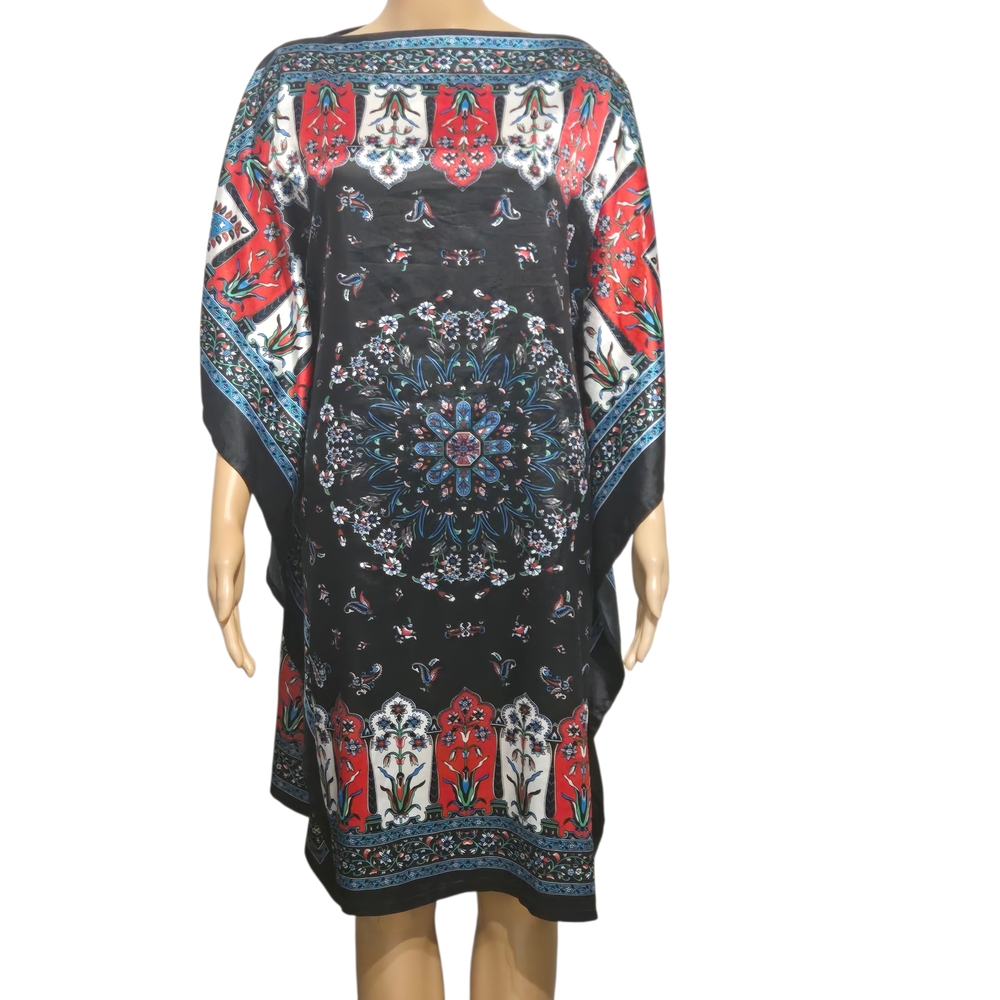 Kaftan Black and Red Floral Satin Tunic Midi Dress Womens Size Small - Picture 2 of 7